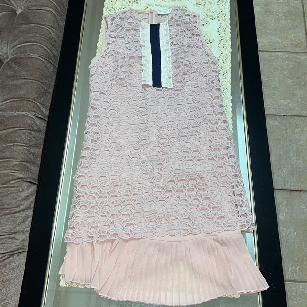 Sandro Kolia light pink lace dress with pleated hem
